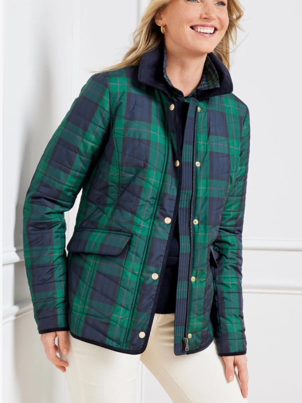 Talbots Green Navy Plaid Quilted Barn Jacket Corduroy Collar M
